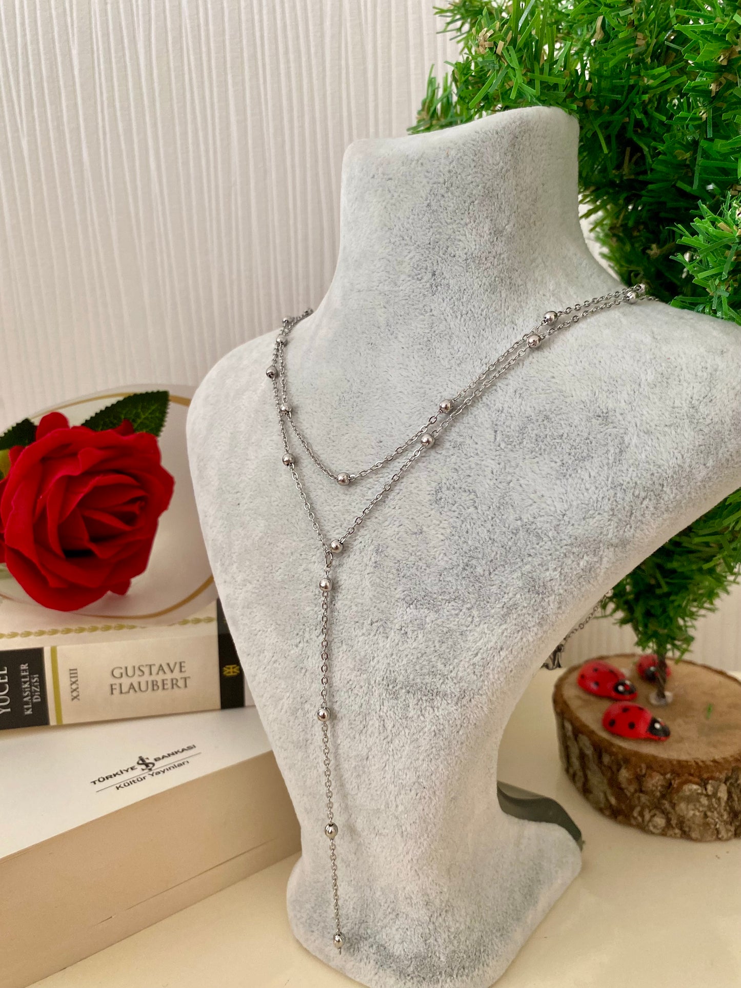 Çelik Top Zincir Dekolte Kolye Gümüş Renk