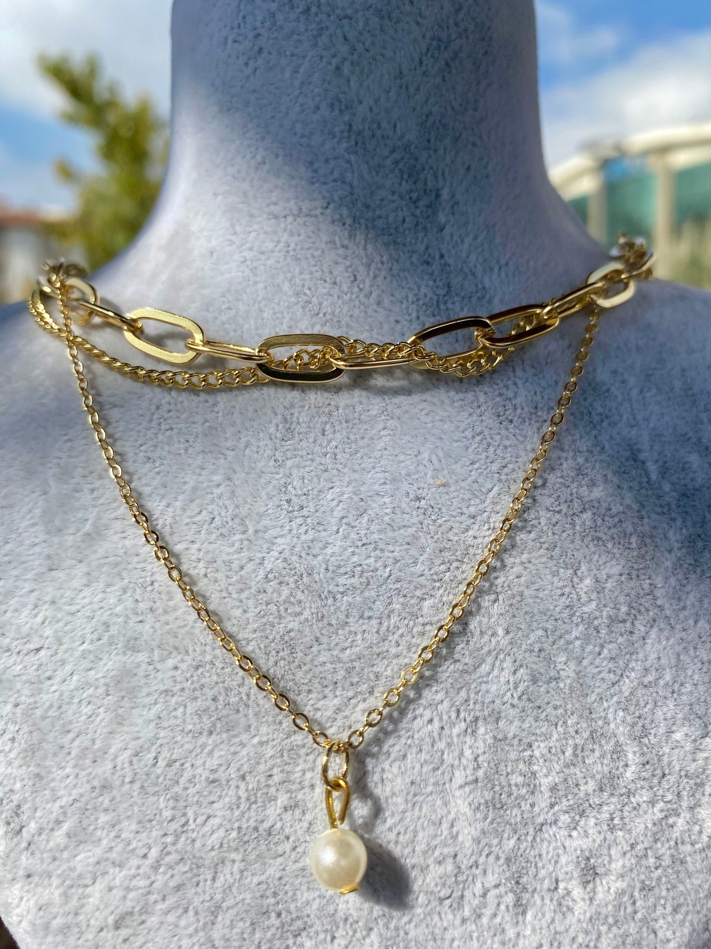 3'lü Gold Zincir İnci Detay Kolye Seti