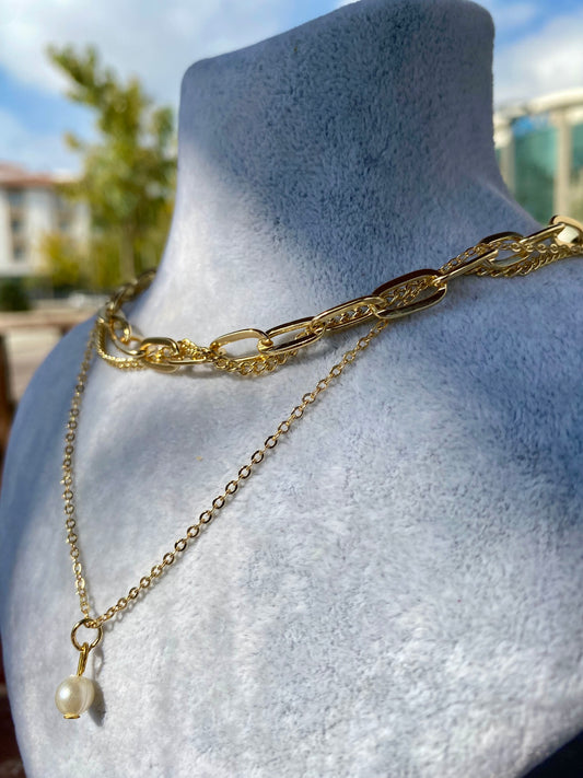 3'lü Gold Zincir İnci Detay Kolye Seti