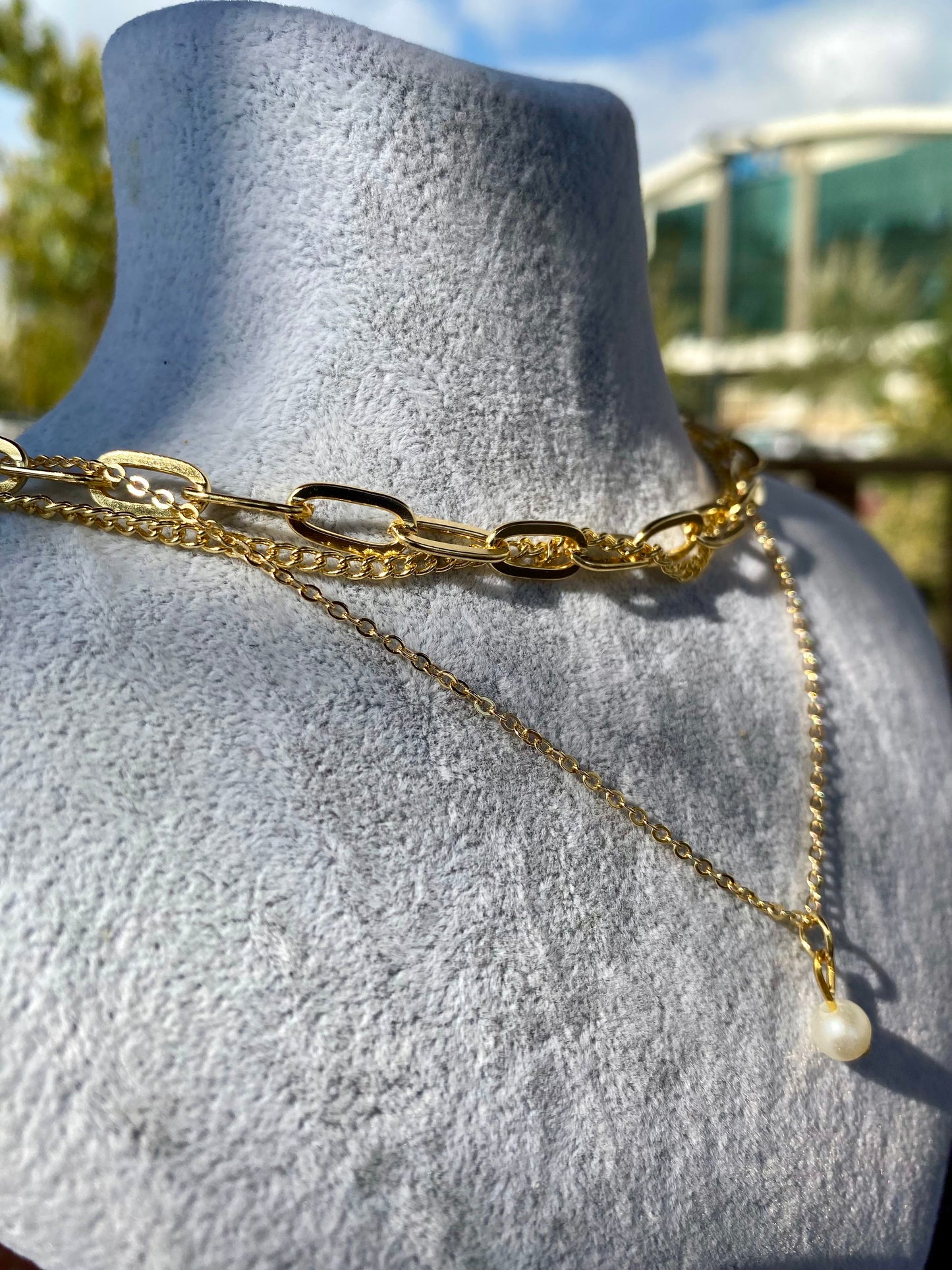 3'lü Gold Zincir İnci Detay Kolye Seti